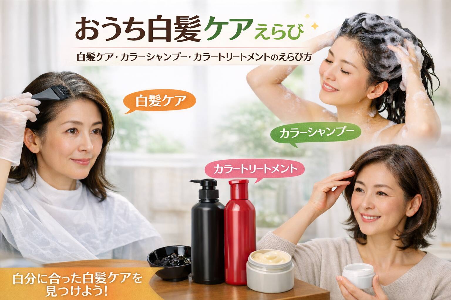 おうち白髪ケアえらび｜白髪ケア・カラーシャンプー・カラートリートメントの選び方